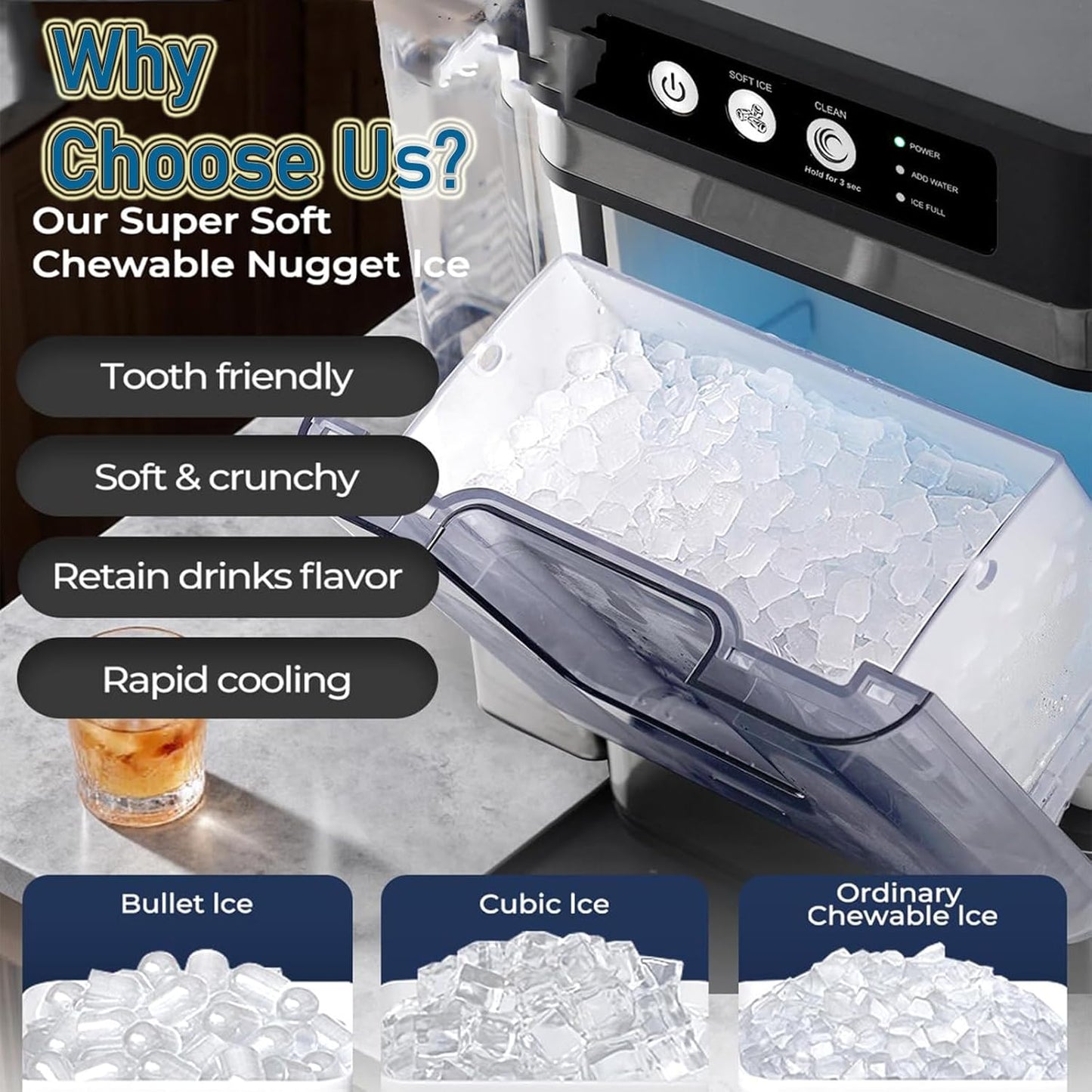 Large Capacity Ice Cube Maker, Quick Release Ice in 6 to 8 Minutes, with Side Water Tank, Ideal for Parties, Kitchen and Office