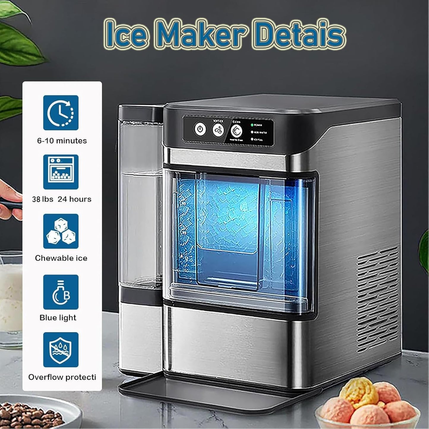 Large Capacity Ice Cube Maker, Quick Release Ice in 6 to 8 Minutes, with Side Water Tank, Ideal for Parties, Kitchen and Office