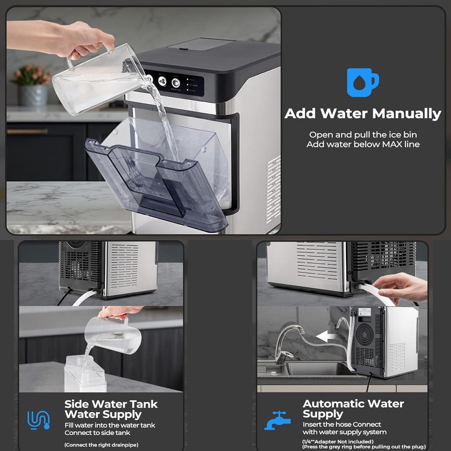 Large Capacity Ice Cube Maker, Quick Release Ice in 6 to 8 Minutes, with Side Water Tank, Ideal for Parties, Kitchen and Office